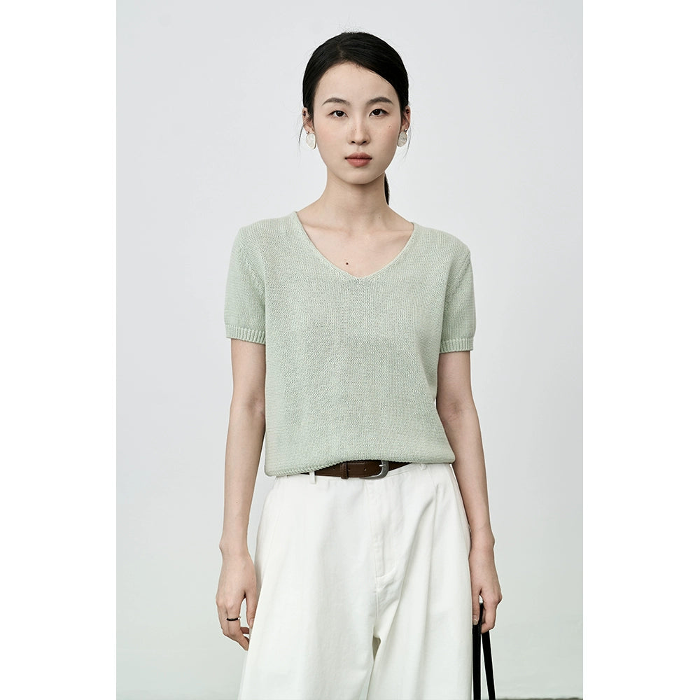 CAREMIND Suéter de punto informal, top de algodón 100% de alto giro, versátil, de color sólido, camiseta de manga corta anti-edad para mujer