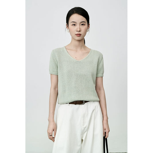 CAREMIND Pull décontracté en tricot 100 % coton torsadé, polyvalent, couleur unie, rajeunissant, manches courtes, pour femme