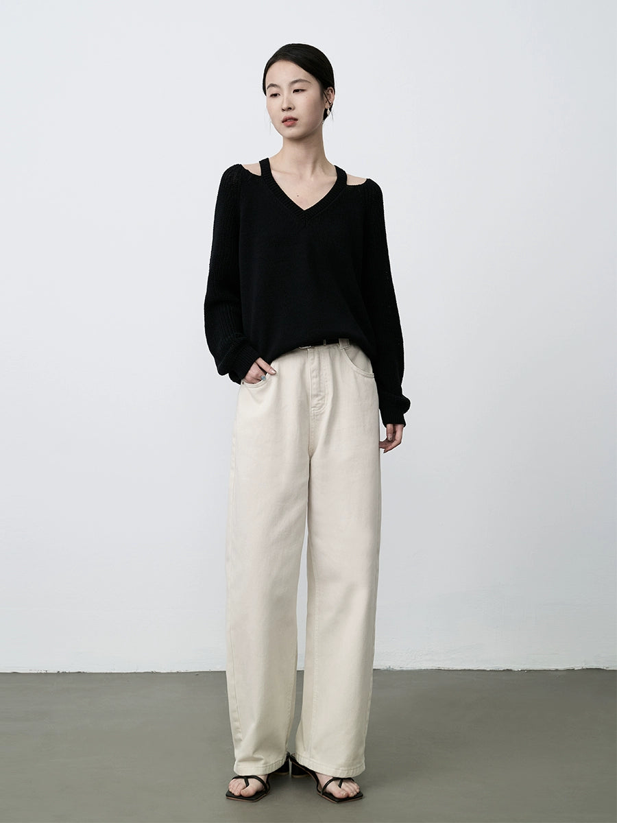 Suéter de punto con temperamento de clavícula y hombros ajustados de CAREMIND, top relajado y holgado para principios de primavera