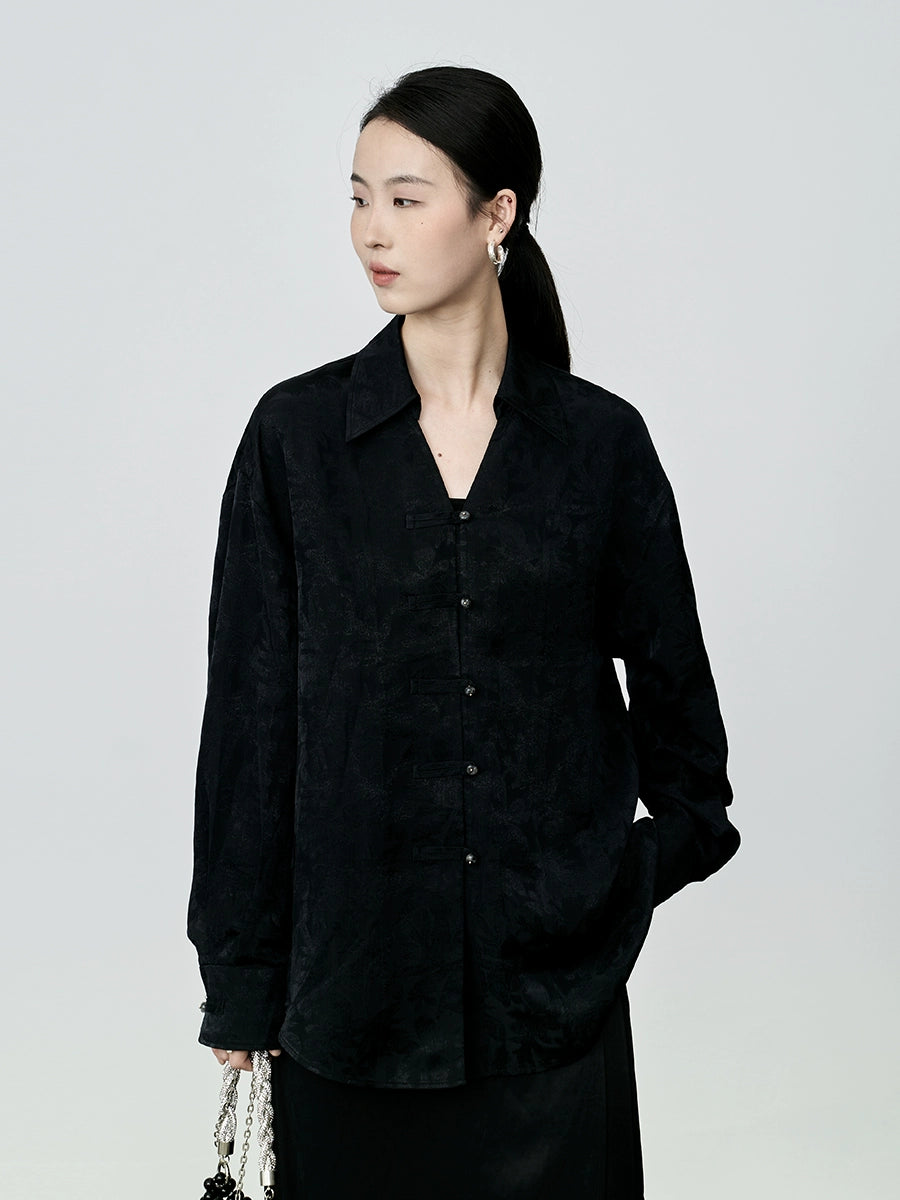 Camisa de jacquard con estampado oscuro chino de CAREMIND, camisa pequeña de manga larga con botones de estilo nacional de alta gama