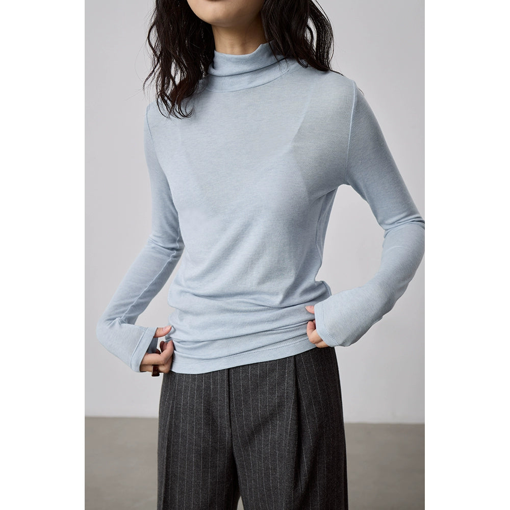 Camiseta de punto con cuello semialto apilado de tencel texturizado de CAREMIND Camiseta de manga larga apilada con cuello alto fino y ajustado