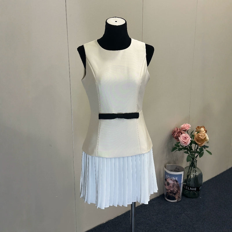 8016★ New French suit skirt women's splicing pleated skirt slim high-end commuter champagne apricot dress