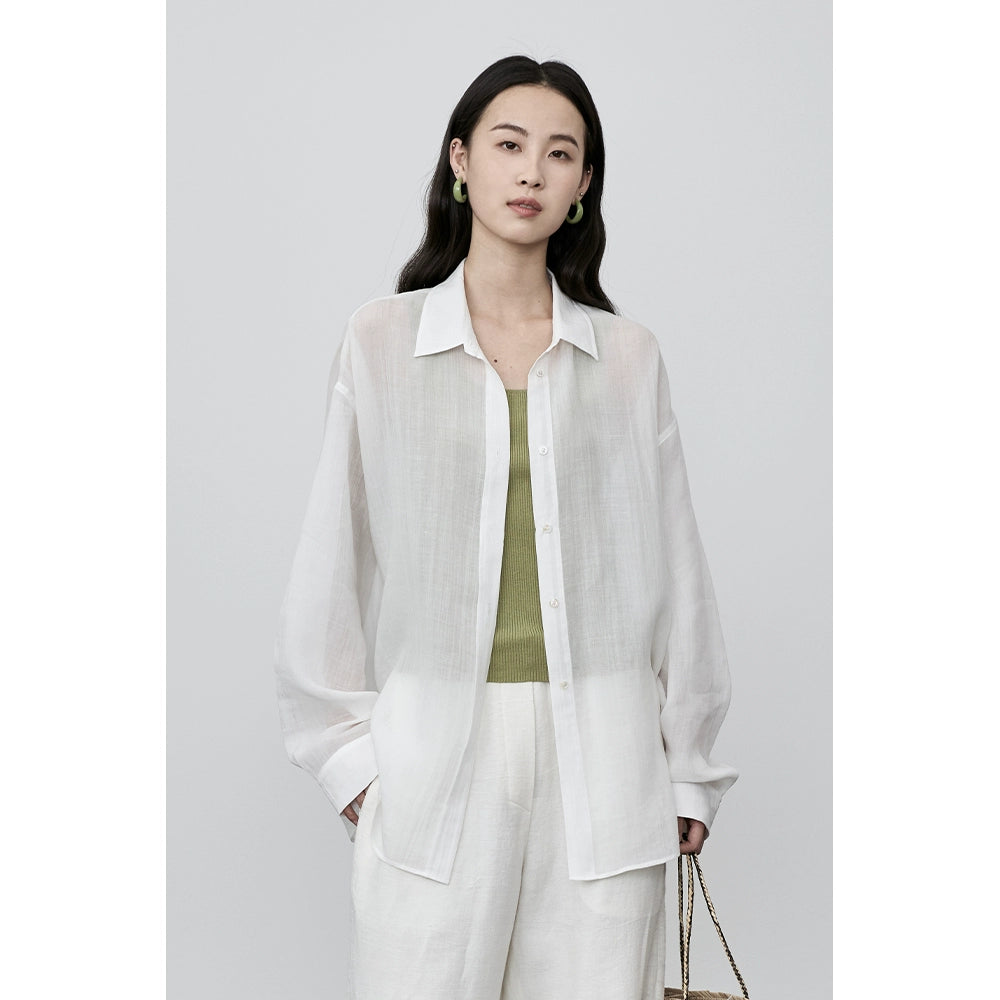 Camisa informal de tencel de ramio súper blanca y morada de CAREMIND, nueva camisa de protección solar versátil para otoño, camisa para viajeros