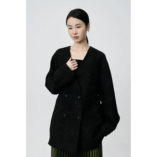 CAREMIND costume noir chic sans col design chinois motif foncé jacquard exquis manteau femme