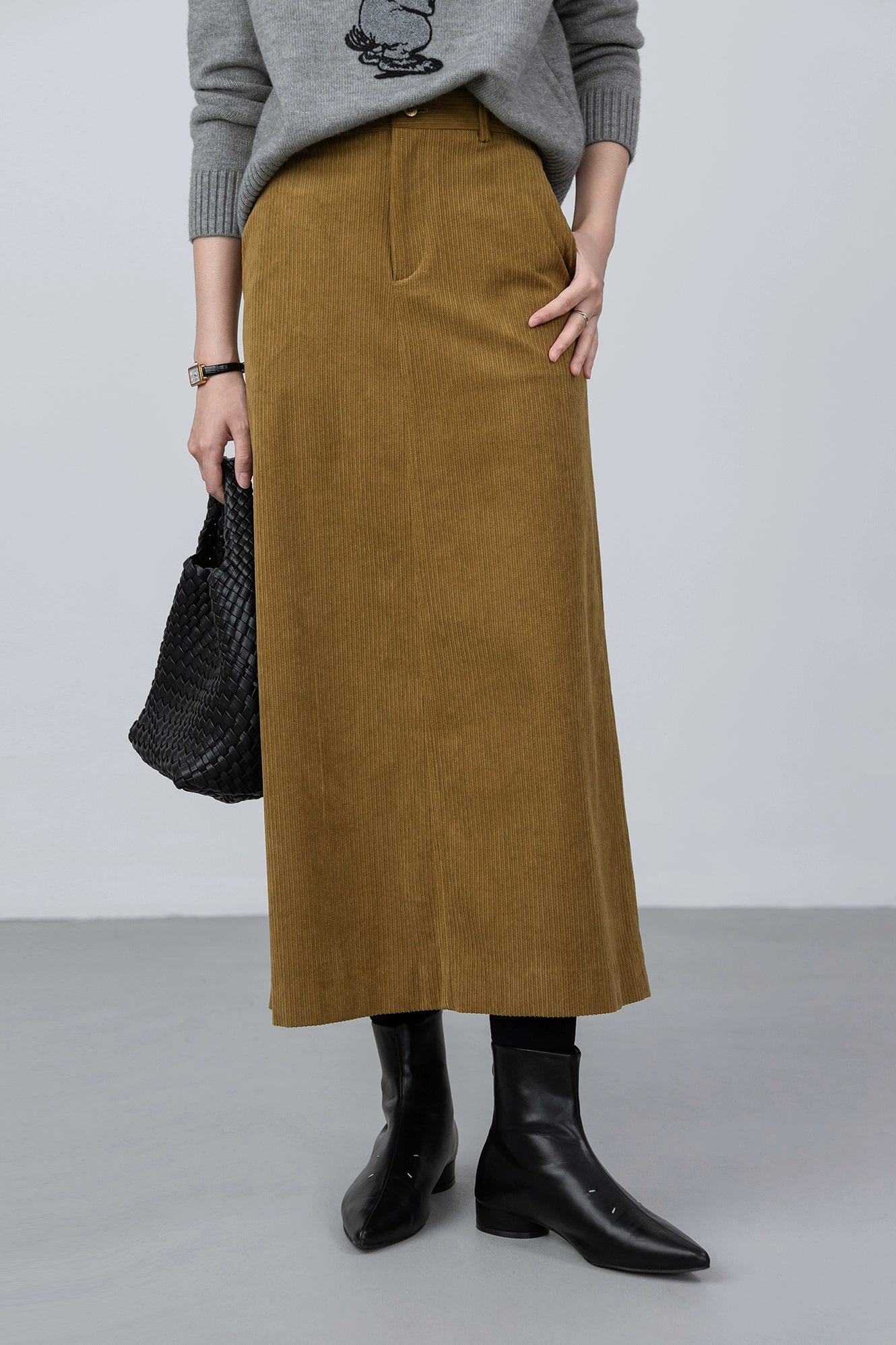 Falda retro CAREMIND que cubre la carne, falda mediana y larga de pana color jengibre para mujer