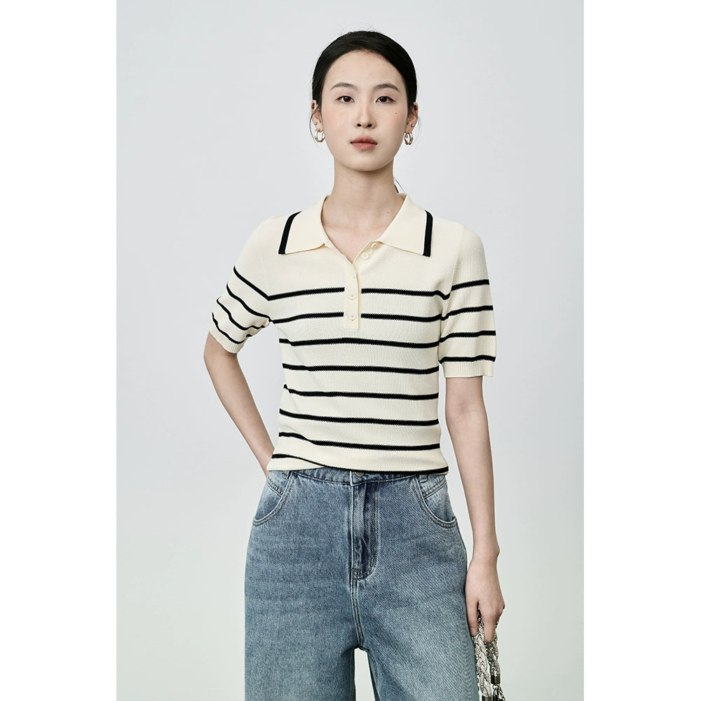 Camiseta tipo polo de rayas retro a juego de colores de CAREMIND, camiseta de manga corta de punto pequeña y ajustada para mujer