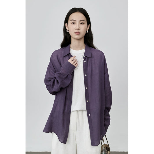 Camisa informal de tencel de ramio súper blanca y morada de CAREMIND, nueva camisa de protección solar versátil para otoño, camisa para viajeros