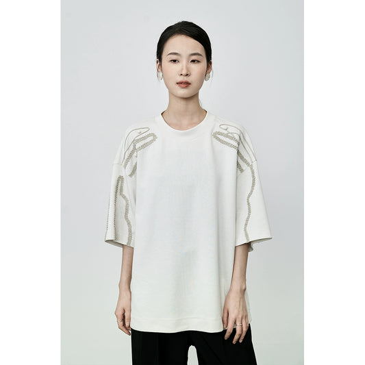 Camiseta informal holgada hecha a mano con cuentas de CAREMIND, patrón de papel industrial pesado, blusa bordada china de manga corta