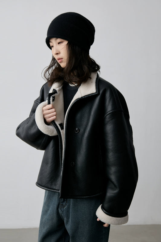 CAREMIND veste courte noire chaude et coupe-vent en fourrure intégrée pour femme veste à revers de locomotive à la mode