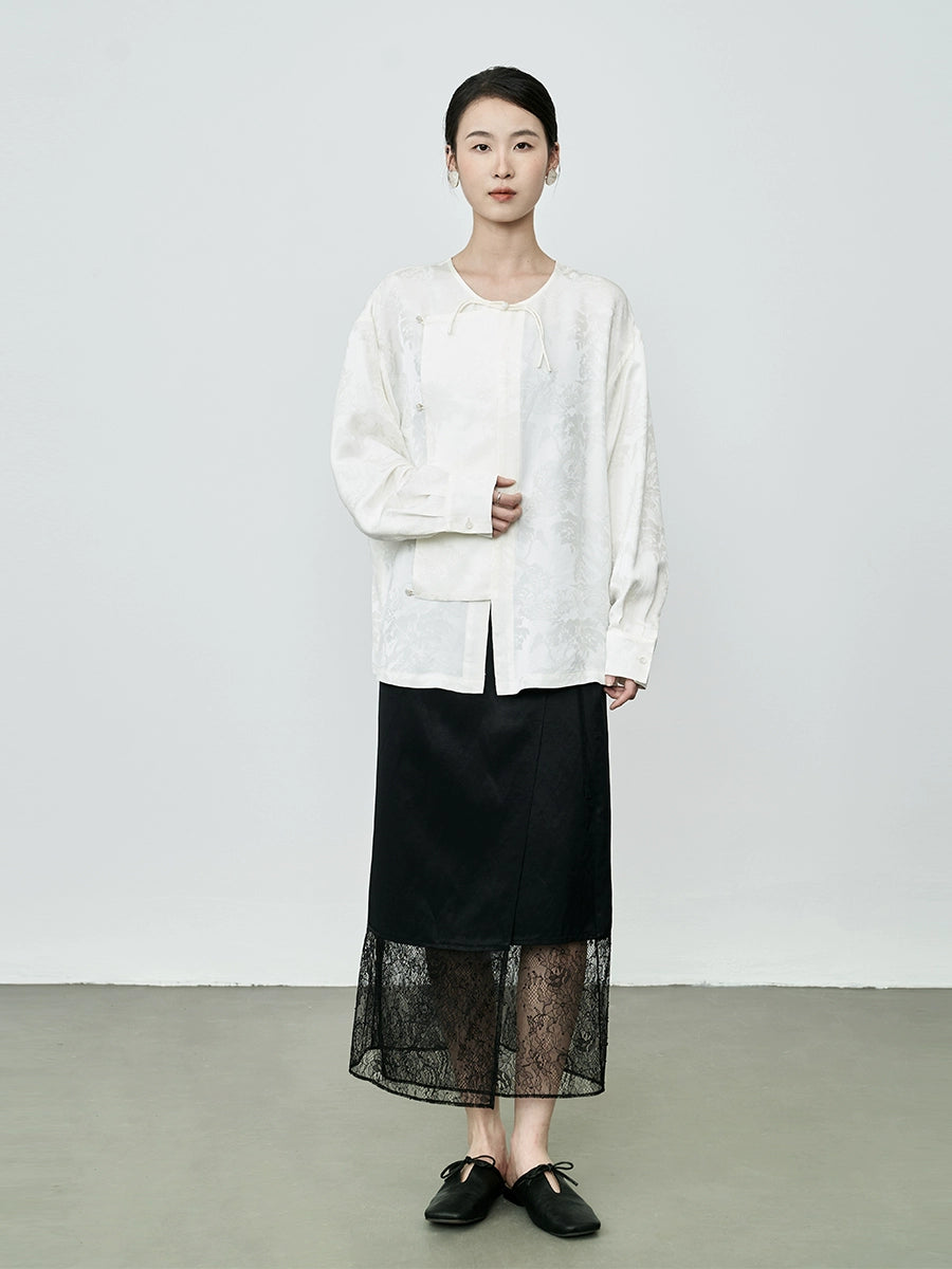 Camisa de manga larga con botones y tapeta diagonal en jacquard de color albaricoque de CAREMIND, estilo nacional de primera calidad, de satén