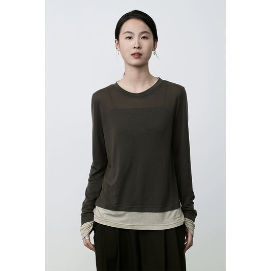 Camiseta de manga larga de lujo ligera Lenzing Tencel de CAREMIND, agradable para la piel, cuello redondo, versátil, color a juego, top de moda