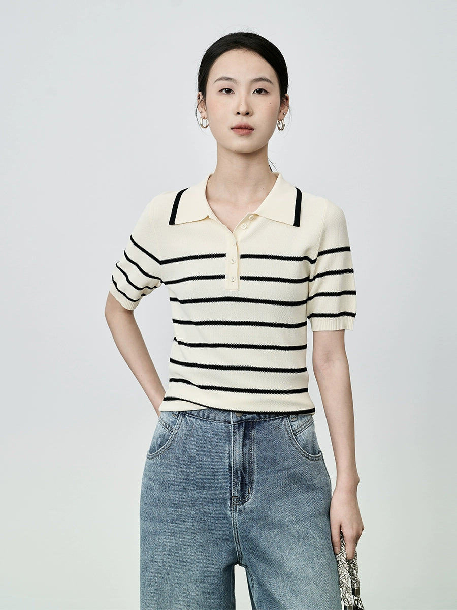 Camiseta tipo polo de rayas retro a juego de colores de CAREMIND, camiseta de manga corta de punto pequeña y ajustada para mujer