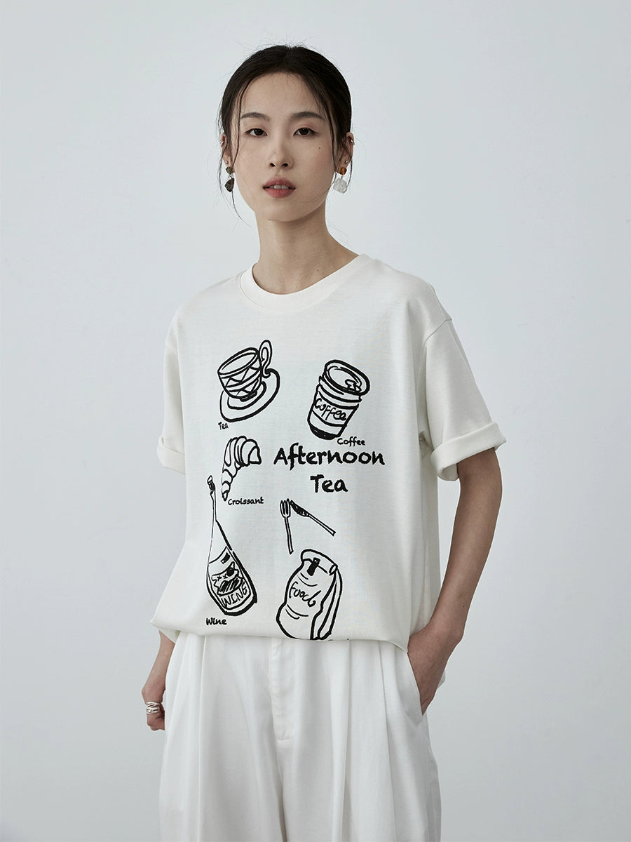 CAREMIND, camiseta minimalista en blanco y negro con estampado de té de la tarde, grafiti en el hombro delantero, informal, de manga corta, novedad de verano