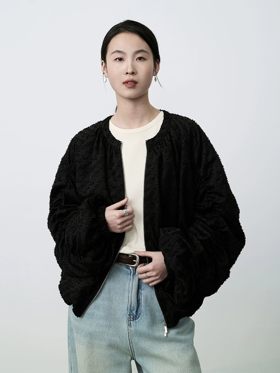 CAREMIND Nueva chaqueta corta de jacquard chino para mujer, chaqueta de béisbol negra con cremallera, cárdigan superior