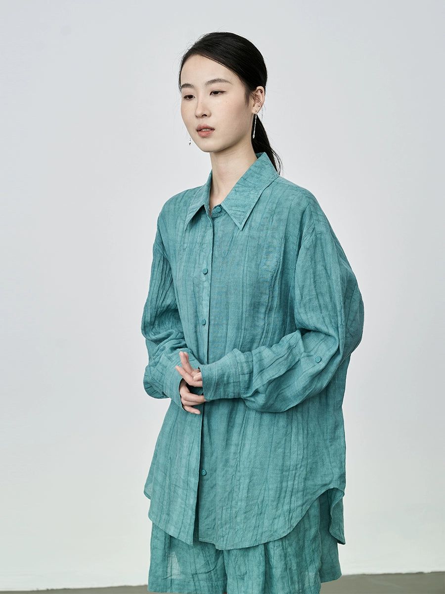 Conjunto de dos piezas de camisa y pantalones cortos teñidos a mano de Tencel de alta calidad con diseño de viento otoñal de CAREMIND