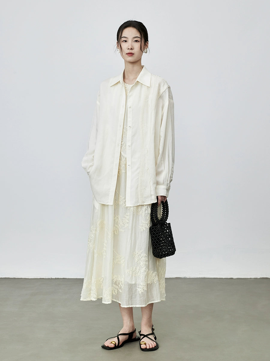 Camisa de tencel con protección solar color albaricoque de CAREMIND, chaqueta elegante con bordados, camisa holgada para ir al trabajo