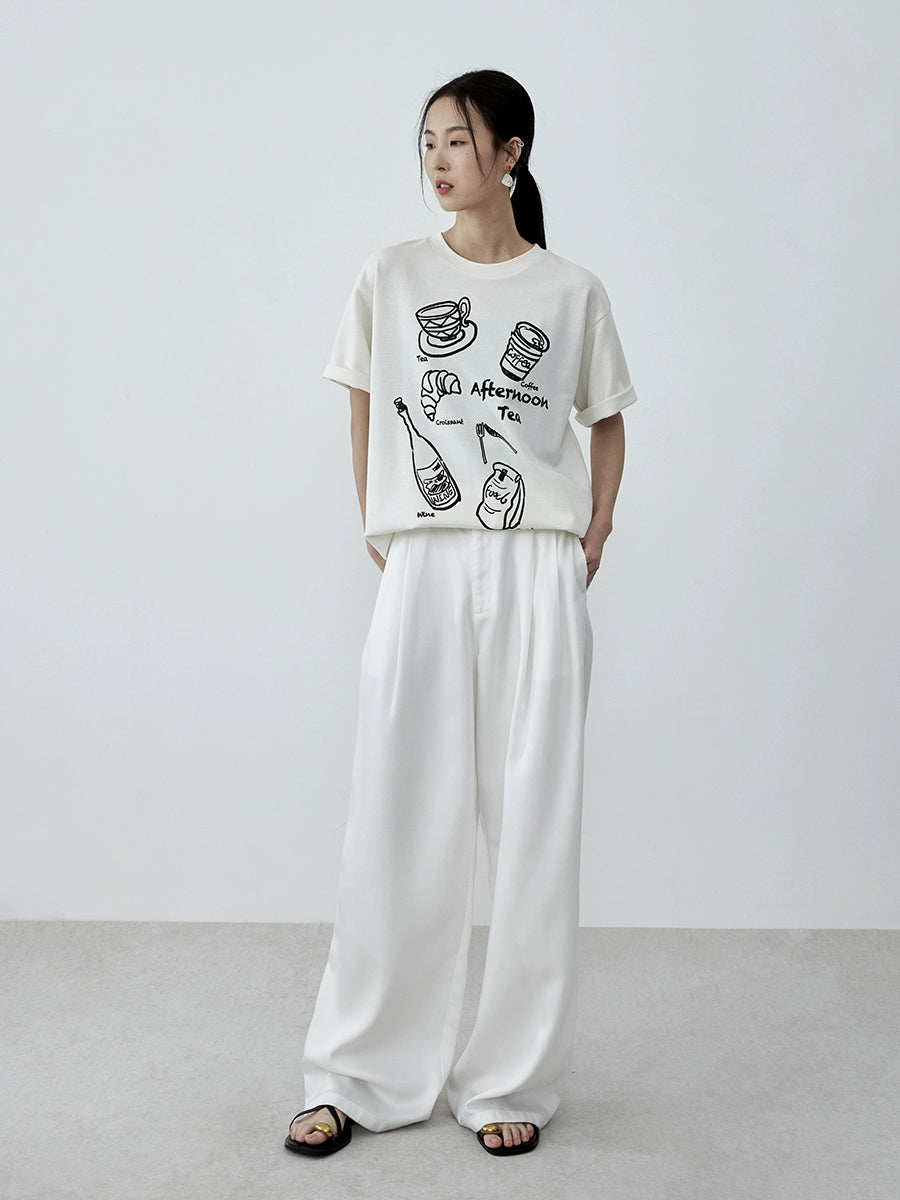 CAREMIND, camiseta minimalista en blanco y negro con estampado de té de la tarde, grafiti en el hombro delantero, informal, de manga corta, novedad de verano