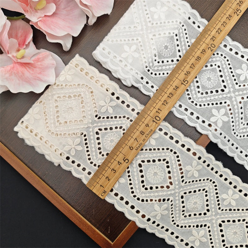 Tela vintage de algodón blanco albaricoque, con borde engrosado, bordado bilateral, 10,5 cm de ancho, hecha a mano, 3786