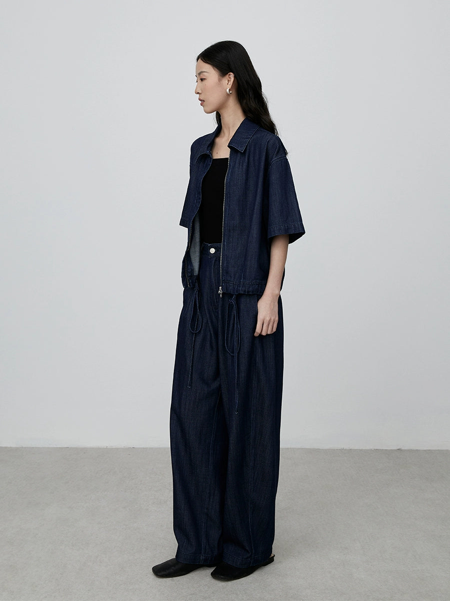 CAREMIND - Polo de mezclilla retro azul oscuro, camisa de manga corta, pantalones vaqueros de pierna ancha para mujer