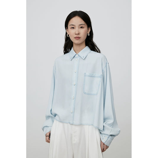 Camisa tipo polo de tencel azul claro CAREMIND, corta, informal, estilo extranjero, fina, manga larga, tipo cárdigan