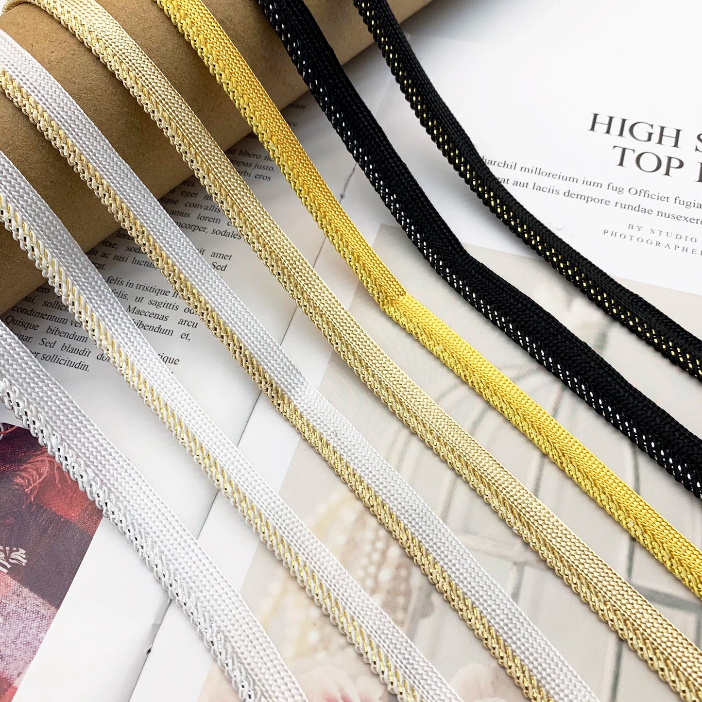 3843 Spot 1cm oro y plata alambre tejido niño cinta maestra brote tira accesorios ropa tira de borde con incrustaciones almohada tira de borde con incrustaciones de cuerda de ribete