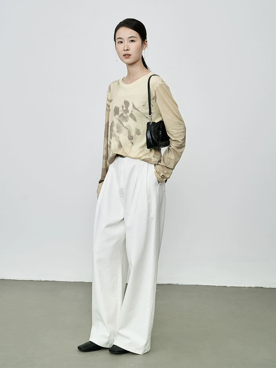 CAREMIND2024 nueva camiseta de manga larga con pintura de tinta de albaricoque amarillo de otoño, top de malla manchado