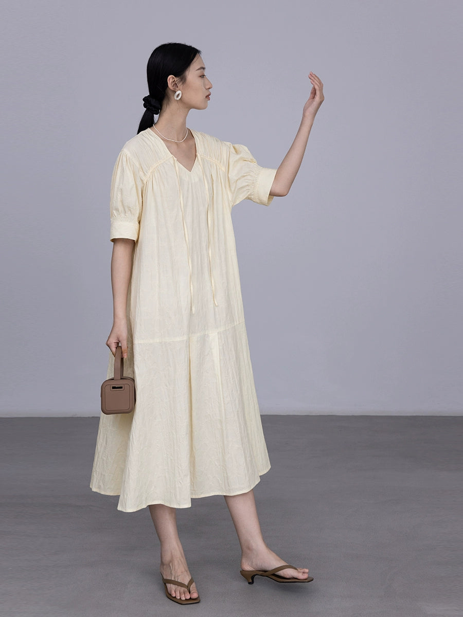 CAREMIND Vestido con escote en V y cordones con temperamento de sal Vestido largo y mediano que cubre la carne y reduce la edad