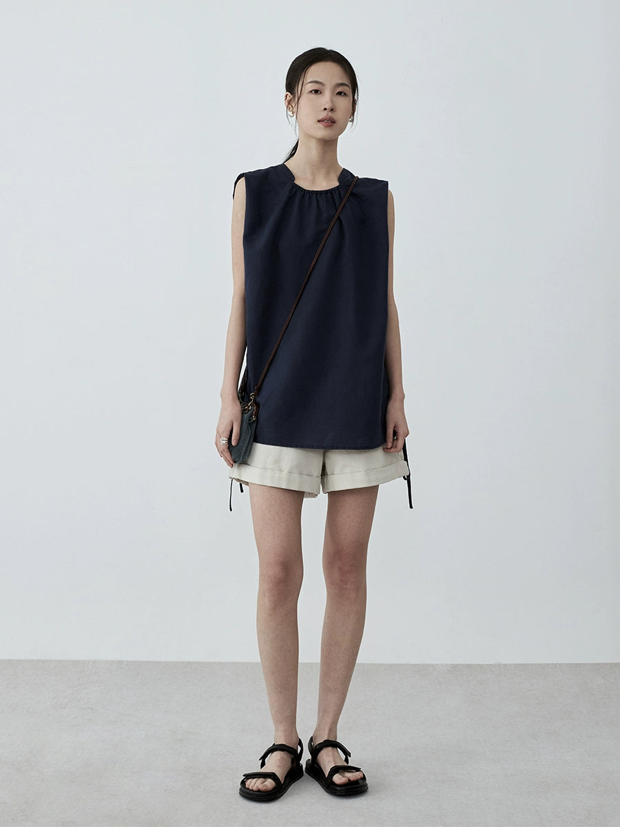 Chaleco de algodón y lino azul marino sin mangas con cordón de CAREMIND, diseño de ropa exterior, chaleco para mujer