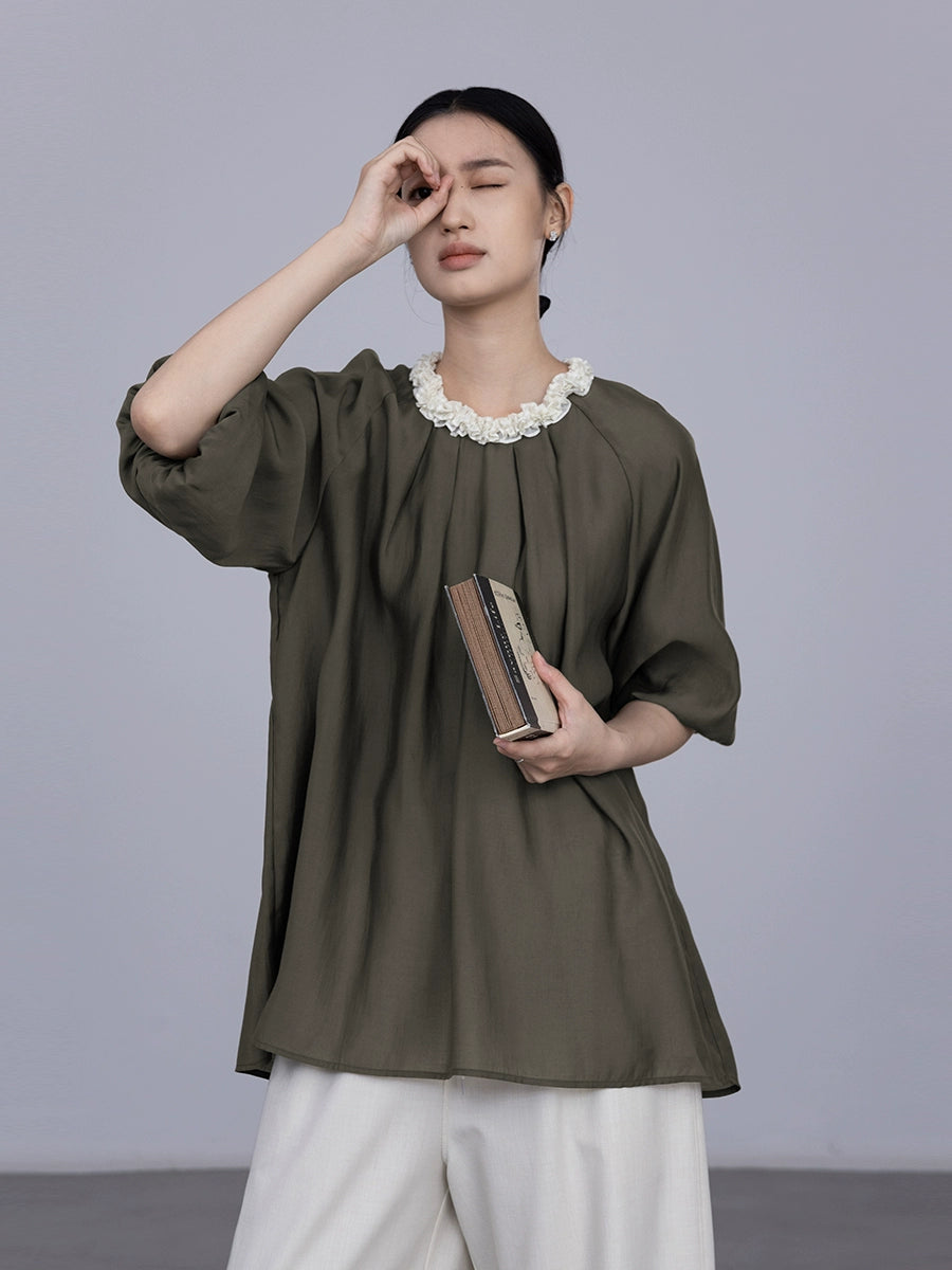 CAREMIND style étranger unique industrie lourde tridimensionnelle col pétale chemise manches moyennes simple belle chemise printemps nouveau