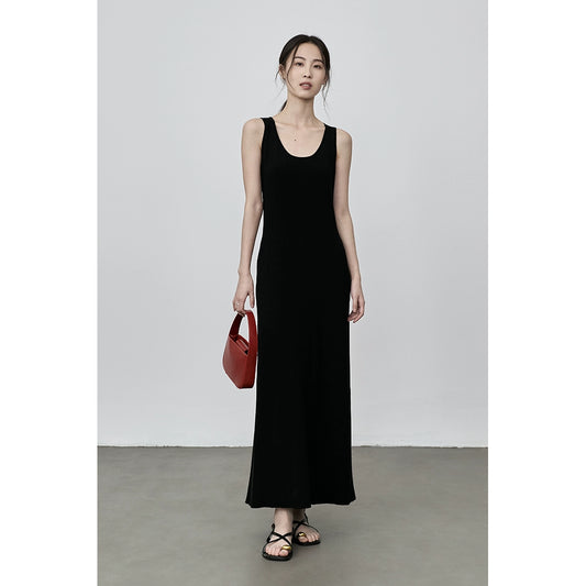 Robe gilet noire CAREMIND à col en U sans manches, coupe slim en Tencel, taille moyenne