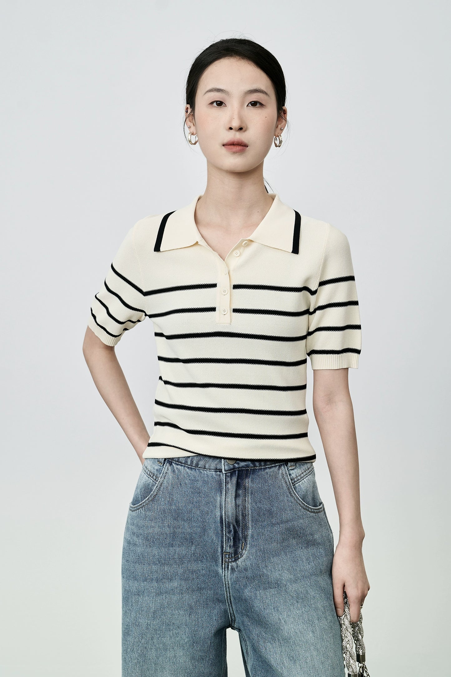 Camiseta tipo polo de rayas retro a juego de colores de CAREMIND, camiseta de manga corta de punto pequeña y ajustada para mujer