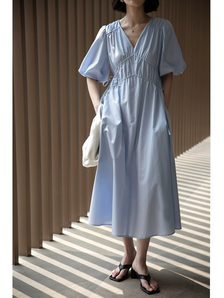 Exclusivo de CAREMIND, vestido de verano para mujer con escote en V, tirantes finos y mangas abullonadas en color azul hada