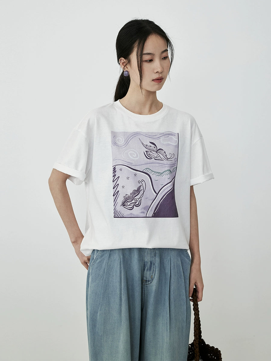 Camiseta holgada con estampado de mariposas de algodón CAREMIND 2024 verano cuello redondo hombro delantero manga corta fina