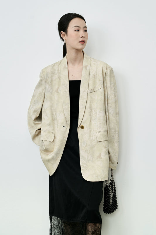 CAREMIND Nuevo blazer chino de tencel con cuello de manzana, traje pequeño holgado con estampado beige para mujer