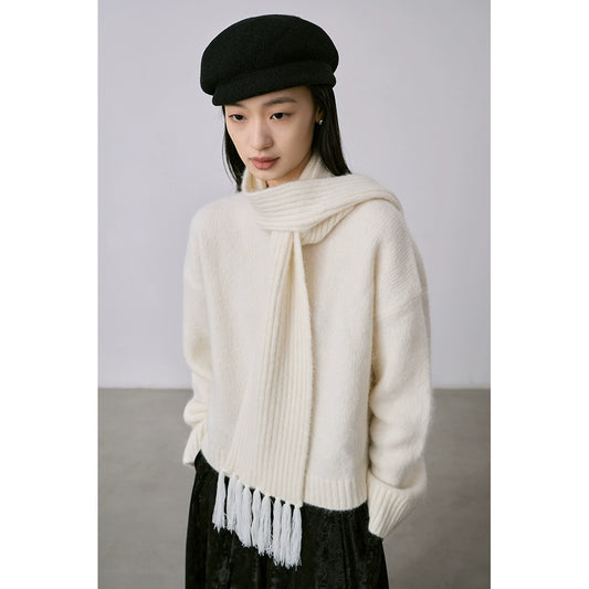 Suéter de alpaca blanco puro de alto valor de CAREMIND, suéter de punto con bufanda suave simple y de moda, traje para mujer