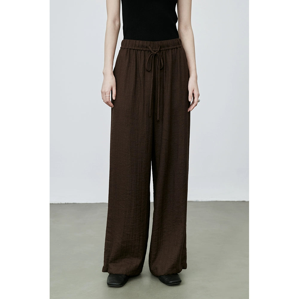 Pantalones casuales rectos de lino color café de CAREMIND, pantalones largos versátiles de cintura alta y elásticos