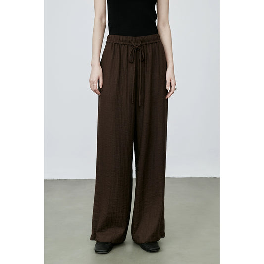 Pantalon décontracté coupe droite en lin café CAREMIND, taille haute élastique, pantalon long polyvalent