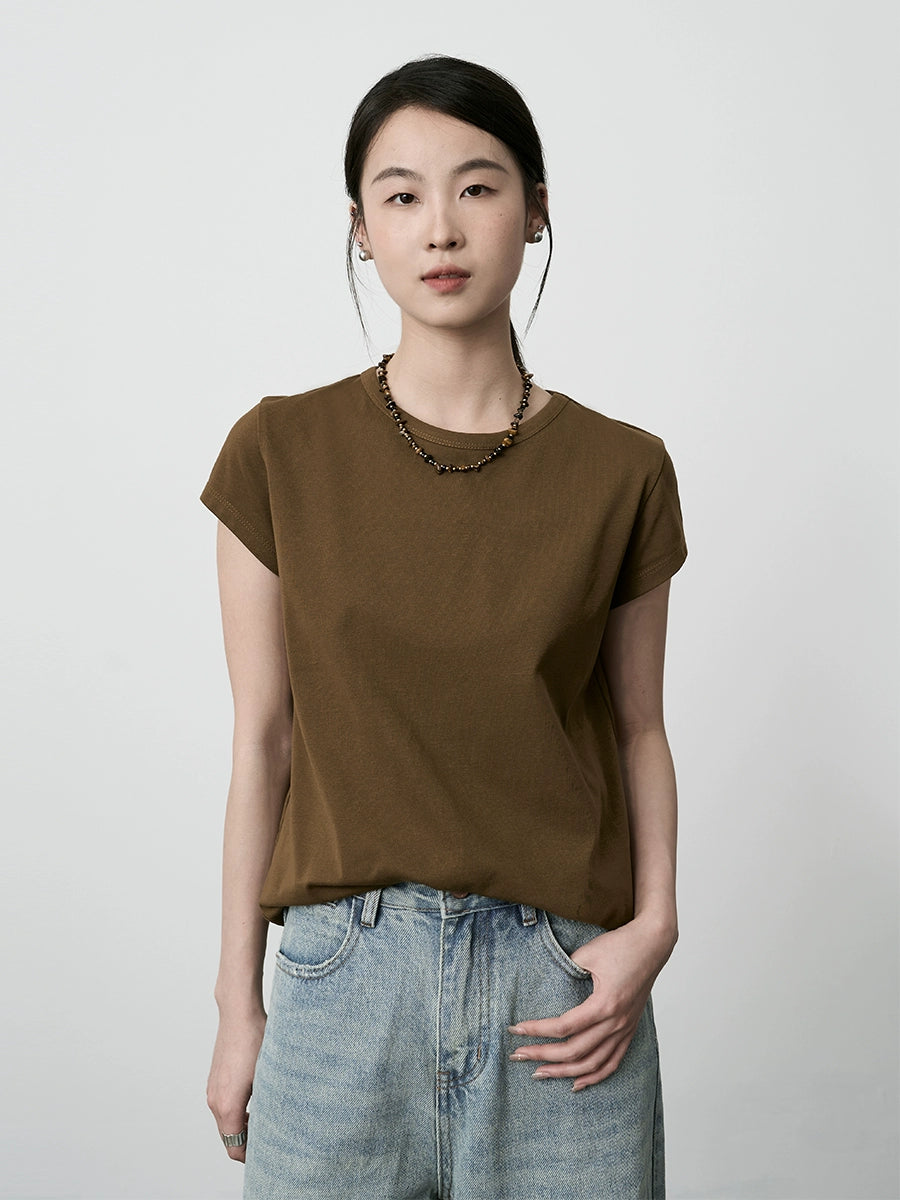 T-shirt CAREMIND à manches courtes et col rond, couleur unie, épaules dénudées, version coréenne, ample et décontracté