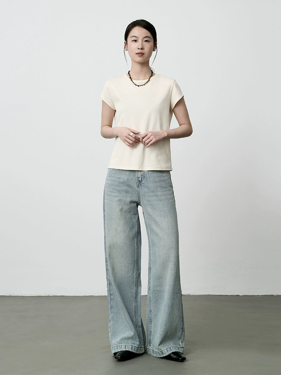 T-shirt CAREMIND à manches courtes et col rond, couleur unie, épaules dénudées, version coréenne, ample et décontracté