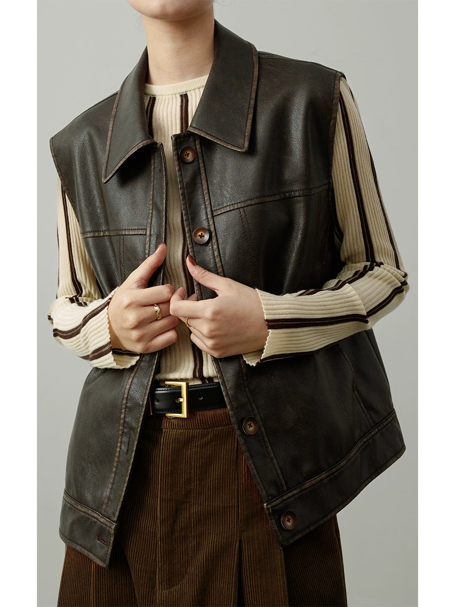 Chaleco sin mangas con diseño original de CAREMIND, chaleco con solapa exterior para mujer, chaqueta de cuero con diseño de solapa, otoño, primavera y otoño