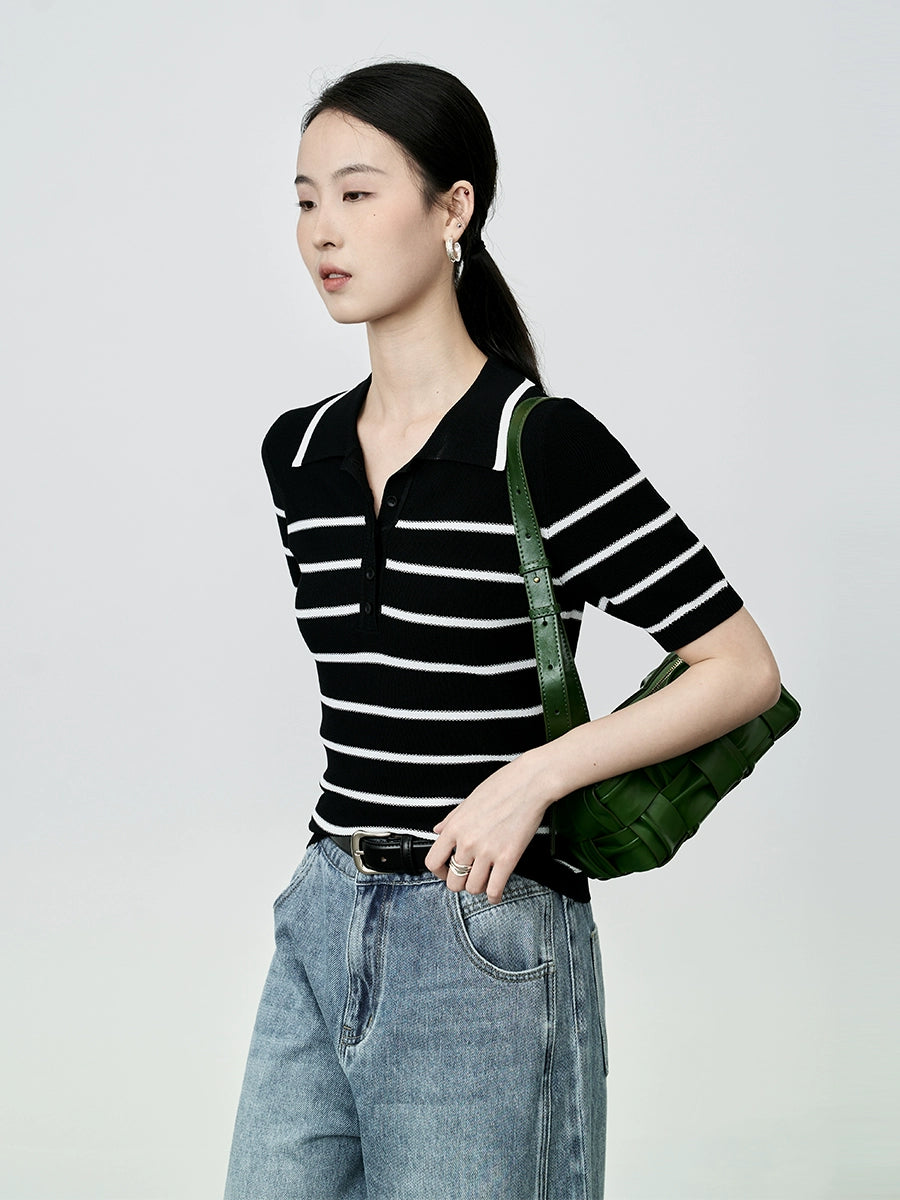 Camiseta tipo polo de rayas retro a juego de colores de CAREMIND, camiseta de manga corta de punto pequeña y ajustada para mujer