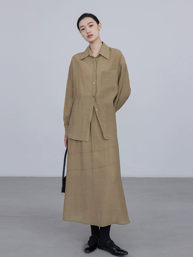 Conjunto de dos piezas de camisa de manga larga con colgante CAREMIND 24SS + falda en forma de A, sal de textura oscura