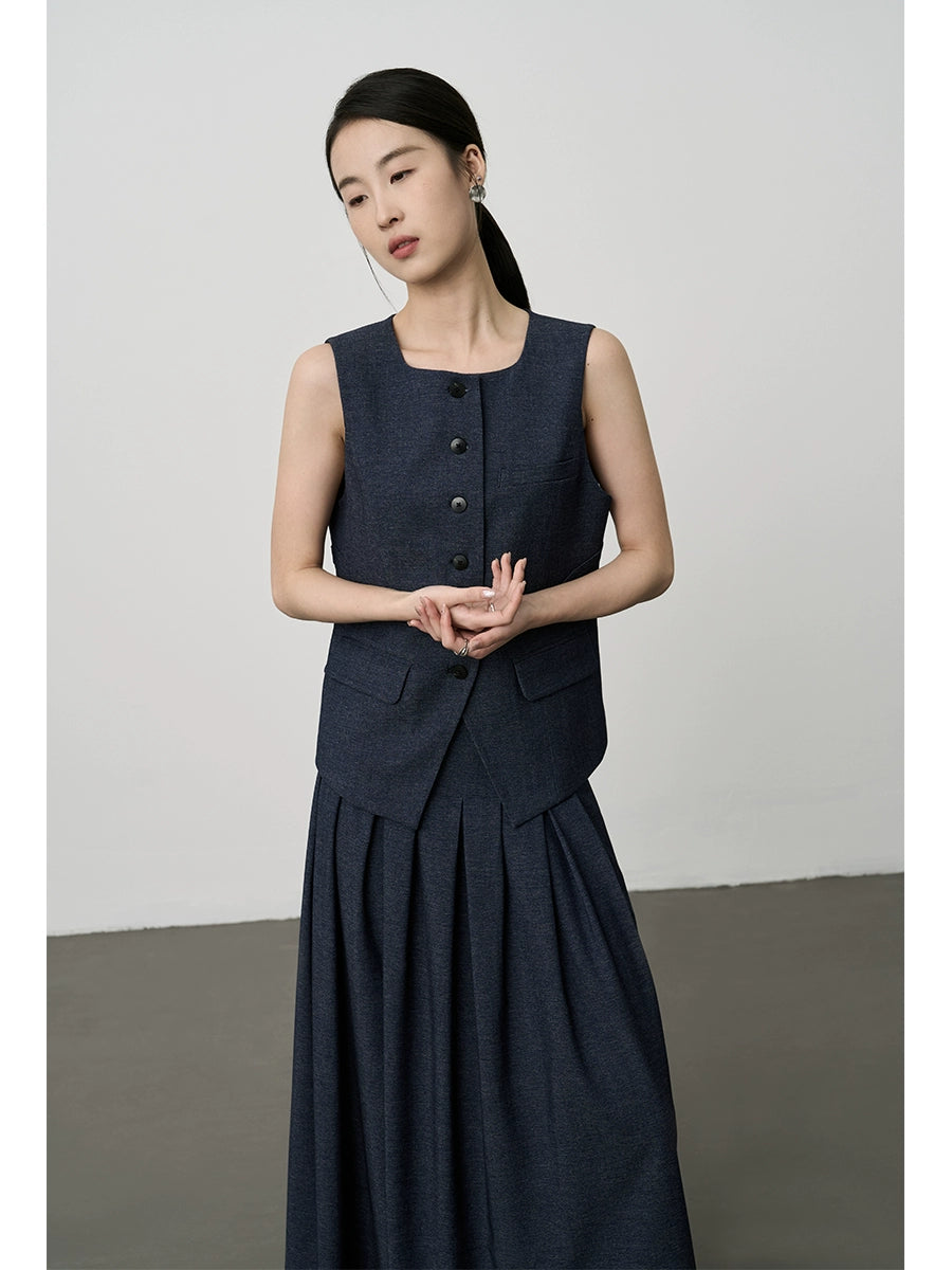 CAREMIND Ensemble deux pièces de luxe français léger sans manches avec jupe plissée fine taille haute