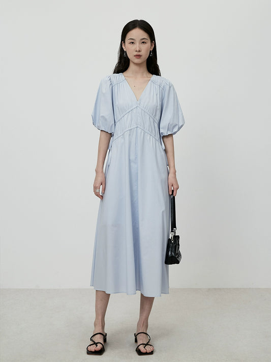 CAREMIND Vestido azul claro ajustado con escote en V francés, elegante falda con pliegues en la cintura y palabra de honor para niños