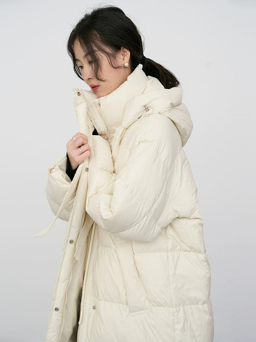 CAREMIND Chaqueta de plumón con capucha hasta la rodilla blanca para mujer, chaqueta térmica de plumón 90 %