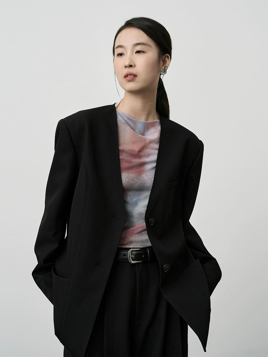 Traje de café gris temperamento CAREMIND, blazer minimalista sin cuello, pantalones rectos colgantes