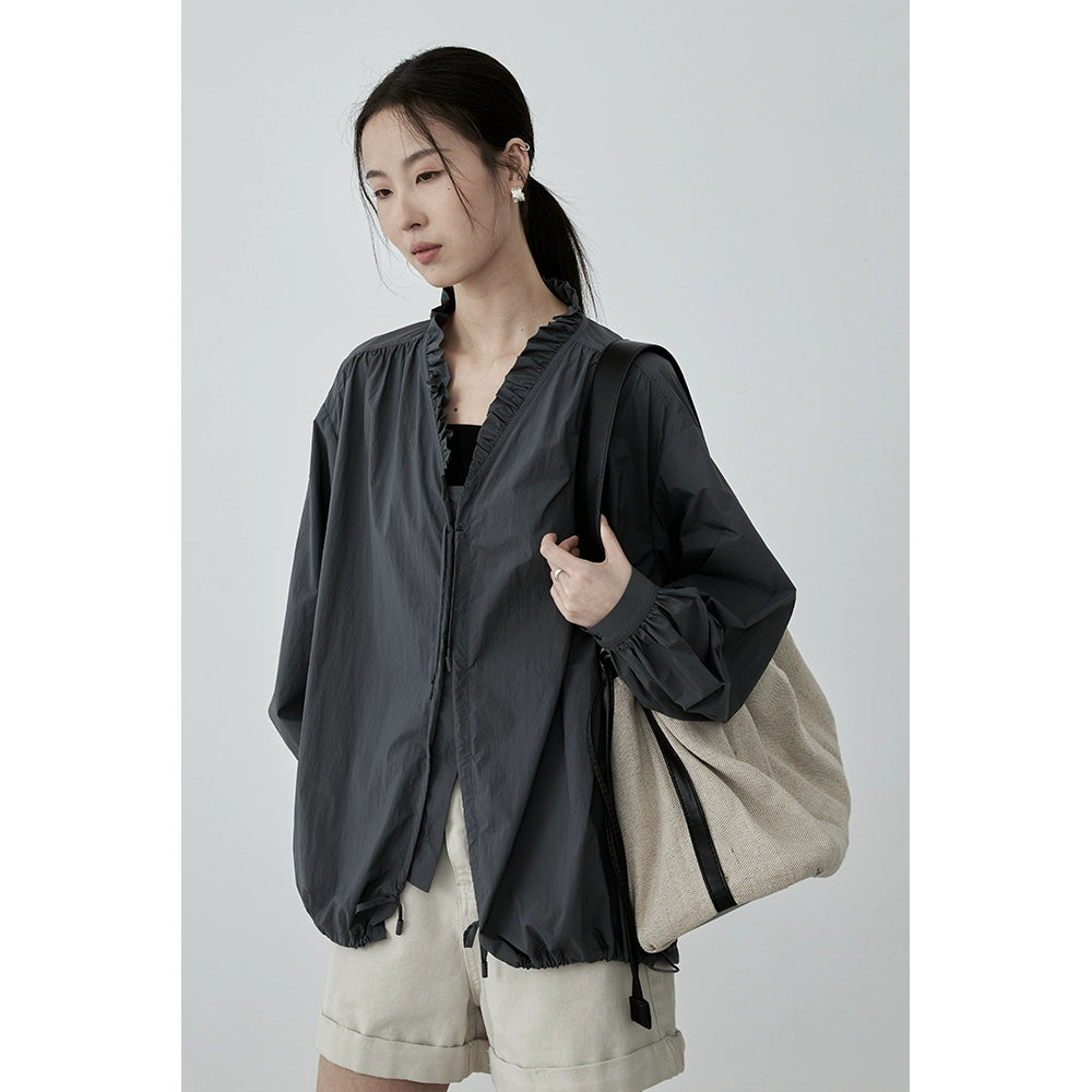 Camisa con cordón y cuello de hongo para exteriores de CAREMIND para mujer, blusa fina informal holgada de otoño