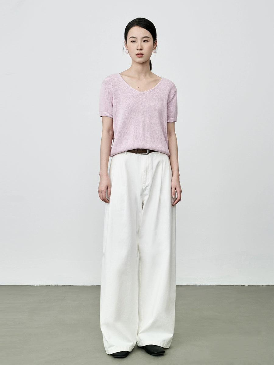 CAREMIND Suéter de punto informal, top de algodón 100% de alto giro, versátil, de color sólido, camiseta de manga corta anti-edad para mujer