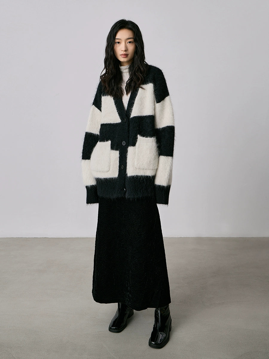 Suéter de alpaca CAREMIND con rayas en contraste en blanco y negro, abrigo térmico, chaqueta tipo cárdigan de felpa suave