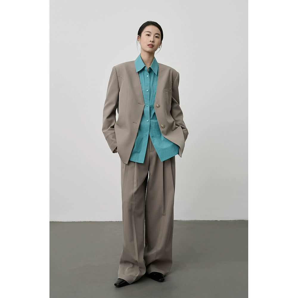 Traje de café gris temperamento CAREMIND, blazer minimalista sin cuello, pantalones rectos colgantes